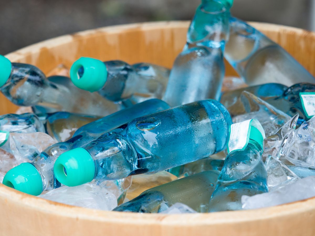 Japanese ramune soft drinks on ice