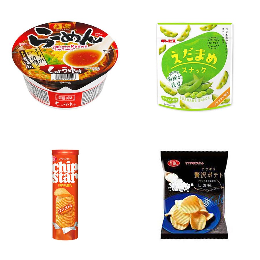 A selection of Japanese snacks and drinks
